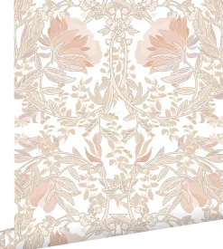 ESTAhome papier peint fleurs vintage de style art nouveau sable beige et terracotta claire - 53 cm x 10.05 m - 139613