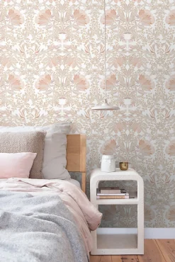 ESTAhome papier peint fleurs vintage de style art nouveau sable beige et terracotta claire - 53 cm x 10.05 m - 139613