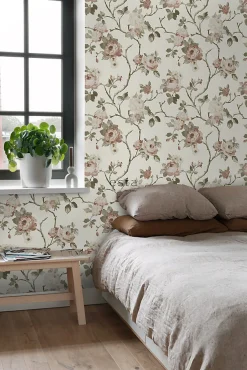 ESTAhome papier peint fleurs vintage blanc cassé et vieux rose - 53 cm x 10.05 m - 139406