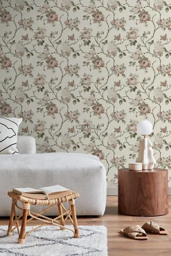 ESTAhome papier peint fleurs vintage blanc cassé et vieux rose - 53 cm x 10.05 m - 139406
