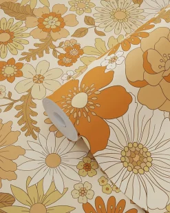 ESTAhome papier peint fleurs rétro orange - 53 cm x 10.05 m - 130963