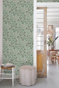 ESTAhome papier peint fleurs vintage vert céladon - 53 cm x 10.05 m - 139413