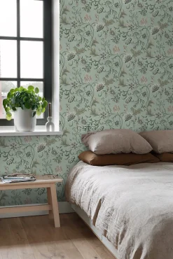 ESTAhome papier peint fleurs vintage vert céladon - 53 cm x 10.05 m - 139413