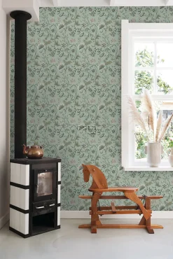 ESTAhome papier peint fleurs vintage vert céladon - 53 cm x 10.05 m - 139413