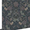 ESTAhome papier peint fleurs et oiseaux bleu foncé et vieux rose - 53 cm x 10.05 m - 139832