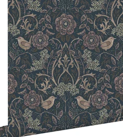 ESTAhome papier peint fleurs et oiseaux bleu foncé et vieux rose - 53 cm x 10.05 m - 139832