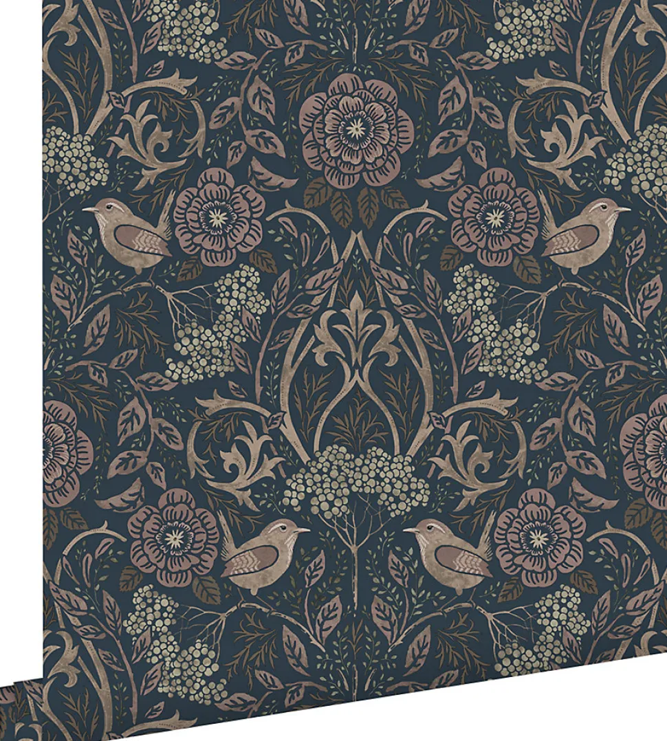 ESTAhome papier peint fleurs et oiseaux bleu foncé et vieux rose - 53 cm x 10.05 m - 139832