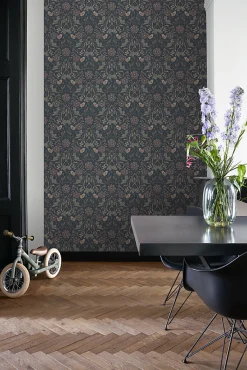 ESTAhome papier peint fleurs et oiseaux bleu foncé et vieux rose - 53 cm x 10.05 m - 139832