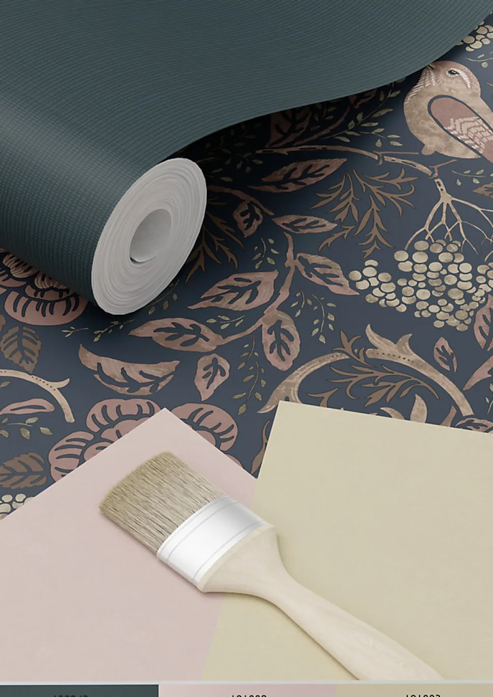 ESTAhome papier peint fleurs et oiseaux bleu foncé et vieux rose - 53 cm x 10.05 m - 139832