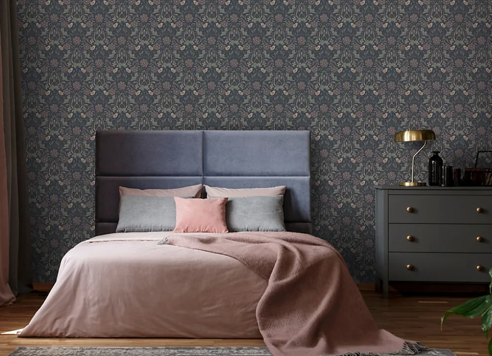 ESTAhome papier peint fleurs et oiseaux bleu foncé et vieux rose - 53 cm x 10.05 m - 139832
