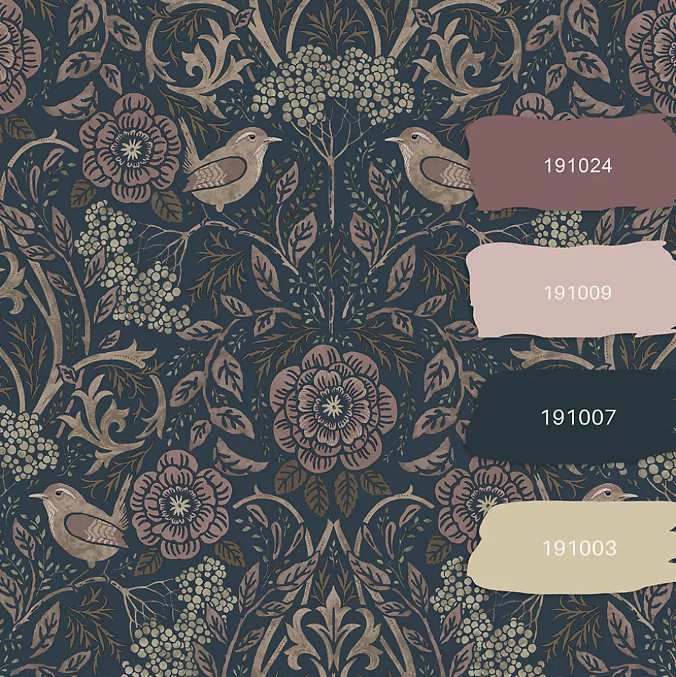 ESTAhome papier peint fleurs et oiseaux bleu foncé et vieux rose - 53 cm x 10.05 m - 139832