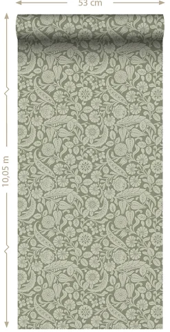 ESTAhome papier peint fleurs vert olive grisé - 50 x 900 cm - 139784