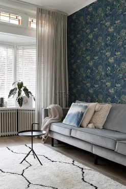 ESTAhome papier peint fleurs vintage bleu foncé et vert olive grisé - 53 cm x 10.05 m - 139315