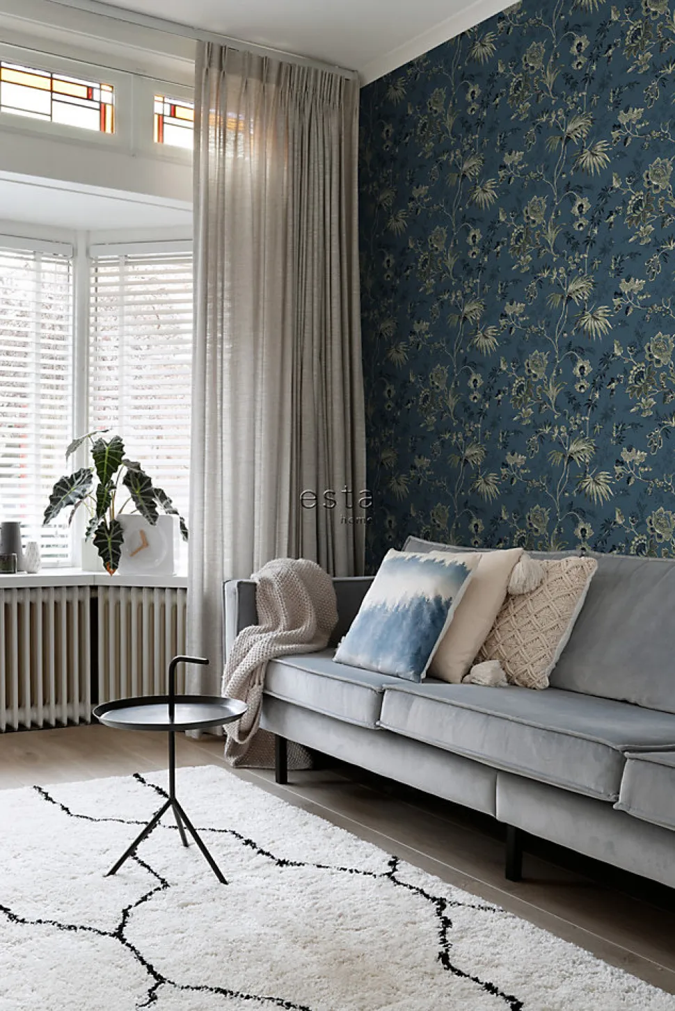 ESTAhome papier peint fleurs vintage bleu foncé et vert olive grisé - 53 cm x 10.05 m - 139315