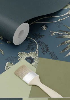 ESTAhome papier peint fleurs vintage bleu foncé et vert olive grisé - 53 cm x 10.05 m - 139315