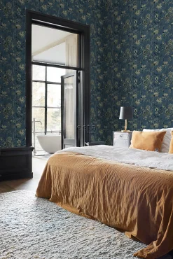 ESTAhome papier peint fleurs vintage bleu foncé et vert olive grisé - 53 cm x 10.05 m - 139315