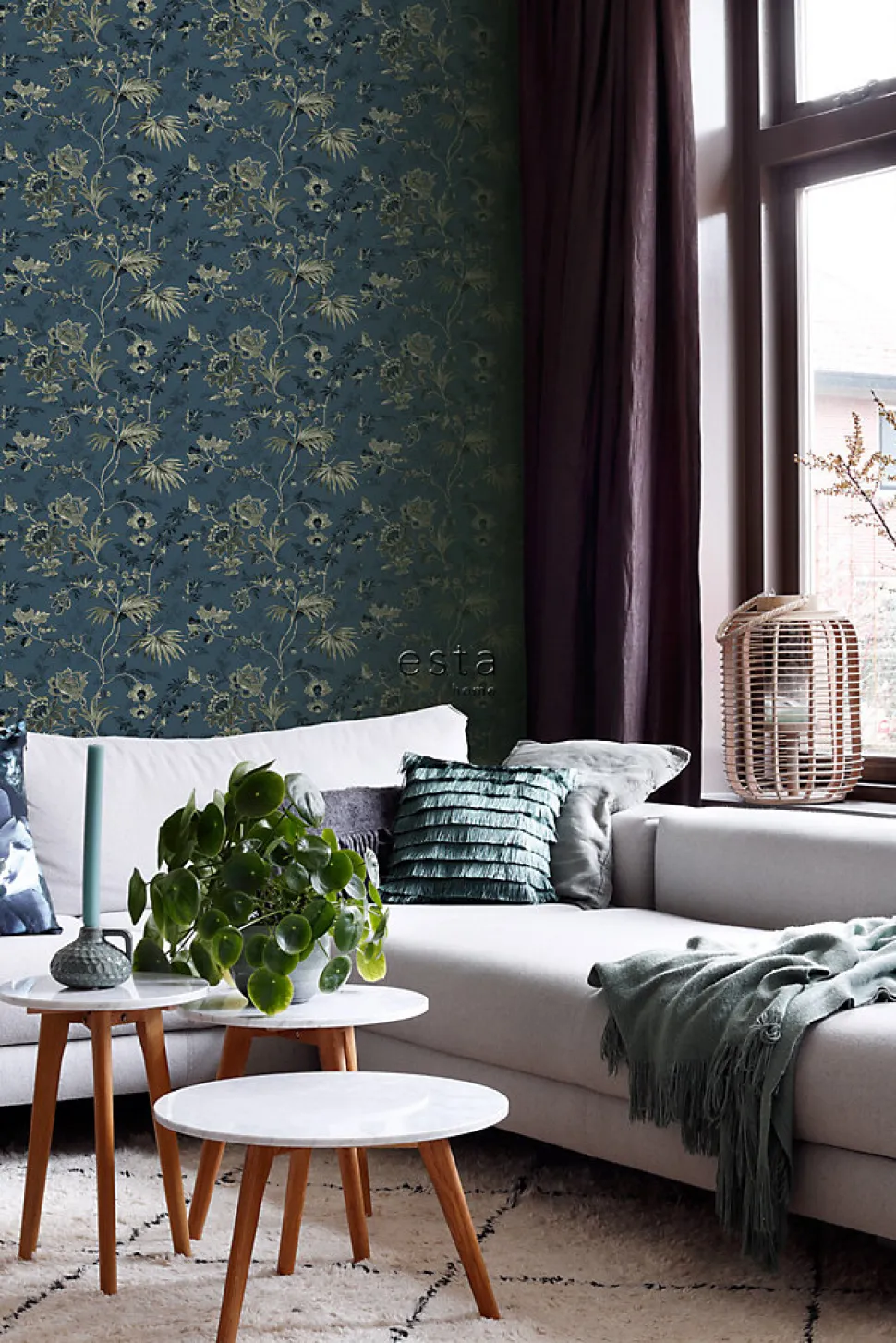 ESTAhome papier peint fleurs vintage bleu foncé et vert olive grisé - 53 cm x 10.05 m - 139315