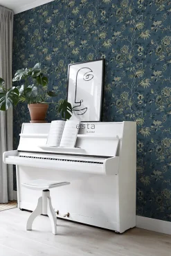 ESTAhome papier peint fleurs vintage bleu foncé et vert olive grisé - 53 cm x 10.05 m - 139315