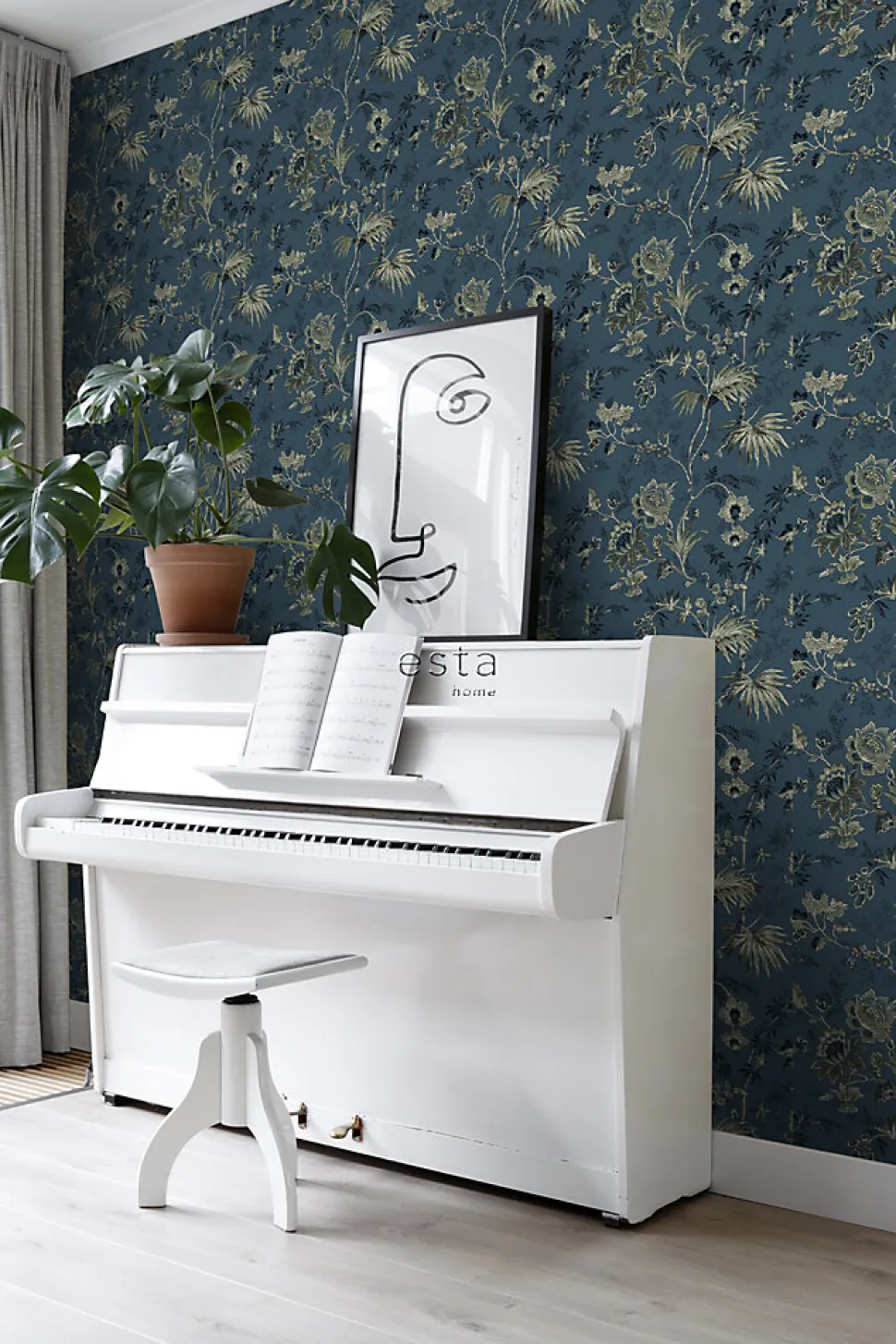 ESTAhome papier peint fleurs vintage bleu foncé et vert olive grisé - 53 cm x 10.05 m - 139315