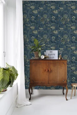 ESTAhome papier peint fleurs vintage bleu foncé et vert olive grisé - 53 cm x 10.05 m - 139315