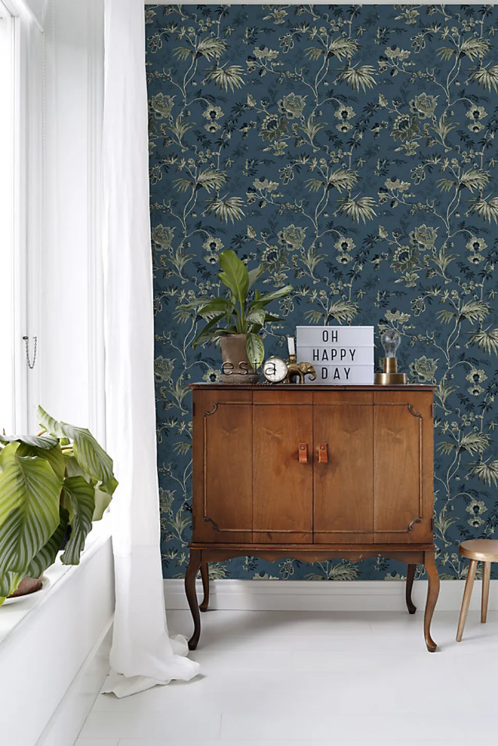 ESTAhome papier peint fleurs vintage bleu foncé et vert olive grisé - 53 cm x 10.05 m - 139315