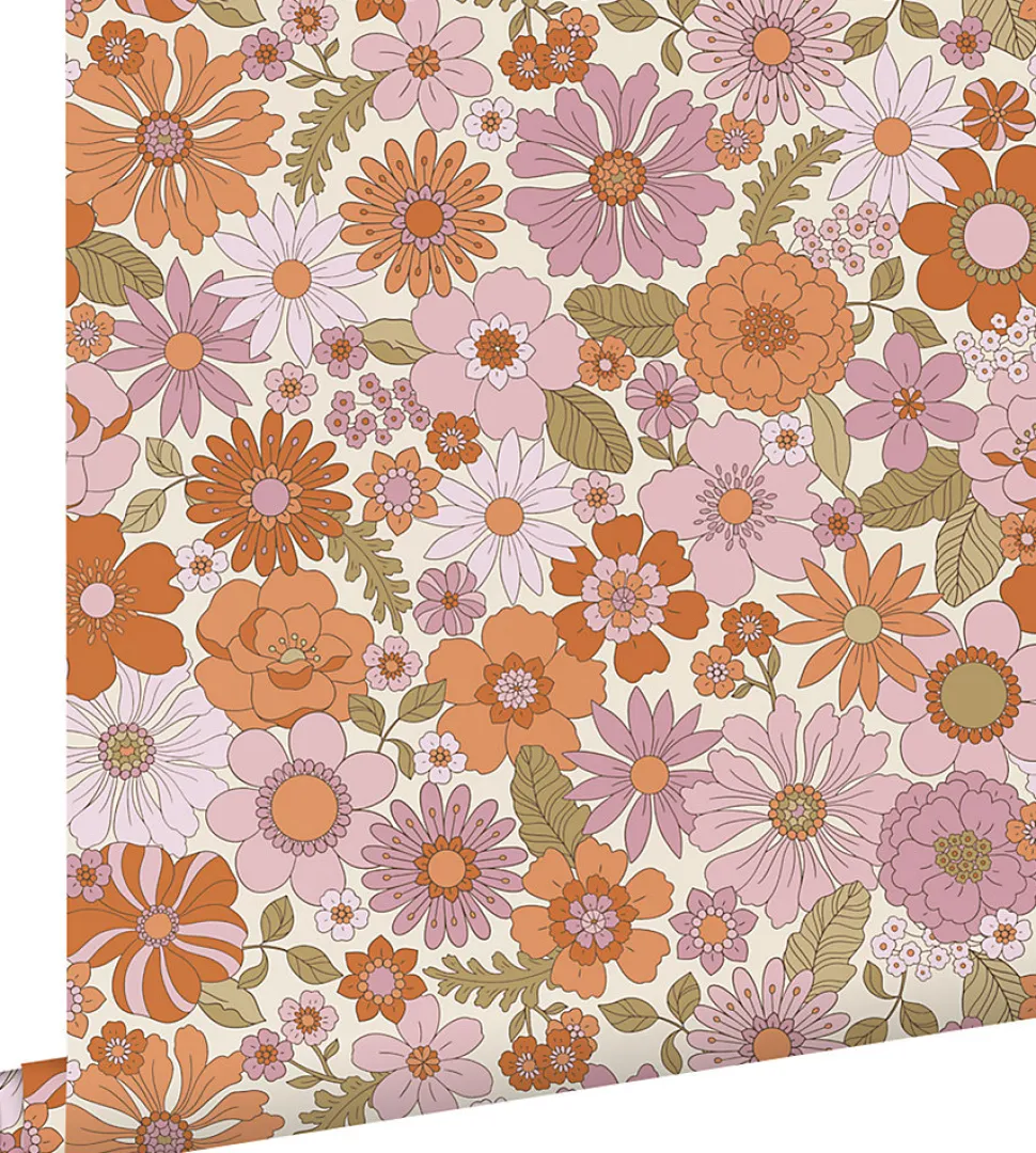 ESTAhome papier peint fleurs rétro violet et orange - 53 cm x 10.05 m - 130961