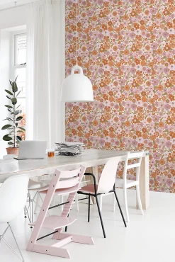 ESTAhome papier peint fleurs rétro violet et orange - 53 cm x 10.05 m - 130961