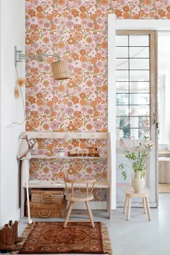 ESTAhome papier peint fleurs rétro violet et orange - 53 cm x 10.05 m - 130961