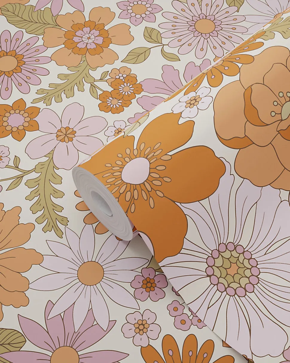 ESTAhome papier peint fleurs rétro violet et orange - 53 cm x 10.05 m - 130961