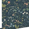ESTAhome papier peint fleurs des champs bleu foncé, vert et rose - 53 cm x 10.05 m - 139698