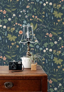 ESTAhome papier peint fleurs des champs bleu foncé, vert et rose - 53 cm x 10.05 m - 139698