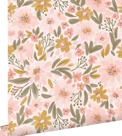 ESTAhome papier peint fleurs rose clair, jaune ocre et vert grisé - 50 x 900 cm - 130923