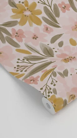 ESTAhome papier peint fleurs rose clair, jaune ocre et vert grisé - 50 x 900 cm - 130923