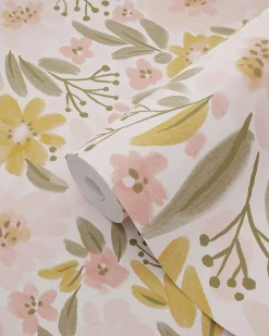 ESTAhome papier peint fleurs rose clair, jaune ocre et vert grisé - 50 x 900 cm - 130923