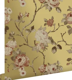 ESTAhome papier peint fleurs vintage or et rose terracotta - 53 cm x 10.05 m - 139762