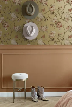 ESTAhome papier peint fleurs vintage or et rose terracotta - 53 cm x 10.05 m - 139762