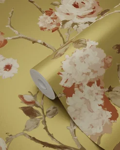 ESTAhome papier peint fleurs vintage or et rose terracotta - 53 cm x 10.05 m - 139762