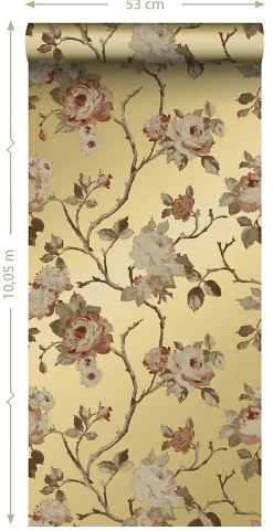 ESTAhome papier peint fleurs vintage or et rose terracotta - 53 cm x 10.05 m - 139762