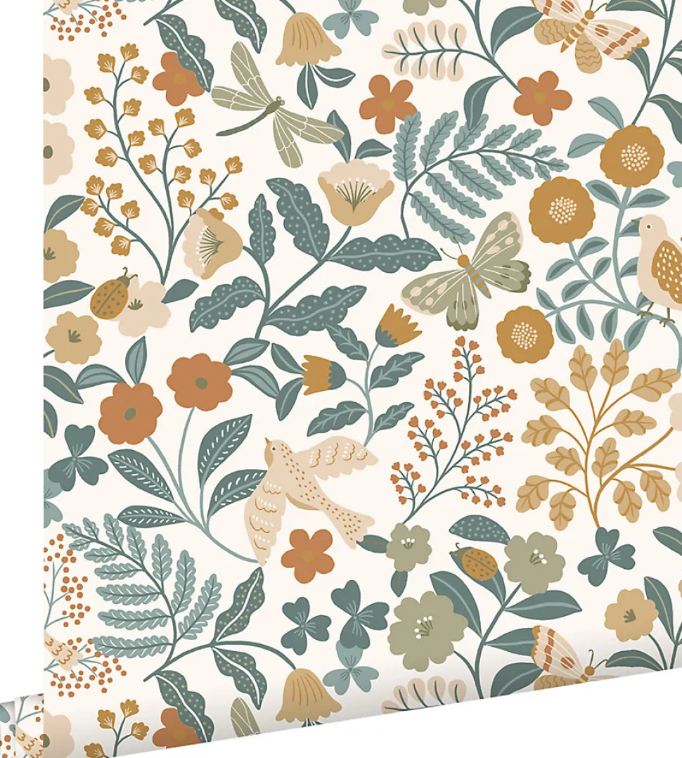ESTAhome papier peint fleurs et oiseaux bleu grisâtre, vert olive grisé et jaune ocre - 53 cm x 10.05 m - 139865