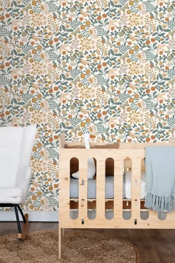 ESTAhome papier peint fleurs et oiseaux bleu grisâtre, vert olive grisé et jaune ocre - 53 cm x 10.05 m - 139865