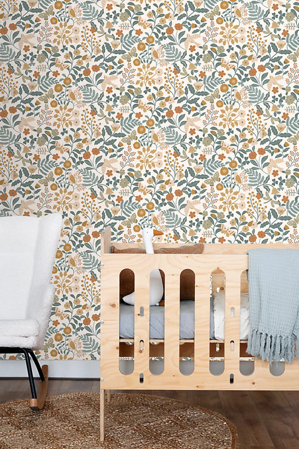 ESTAhome papier peint fleurs et oiseaux bleu grisâtre, vert olive grisé et jaune ocre - 53 cm x 10.05 m - 139865