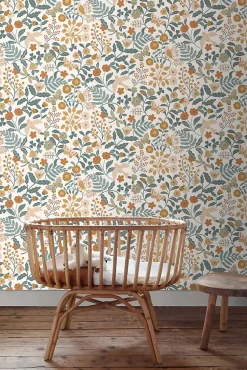 ESTAhome papier peint fleurs et oiseaux bleu grisâtre, vert olive grisé et jaune ocre - 53 cm x 10.05 m - 139865