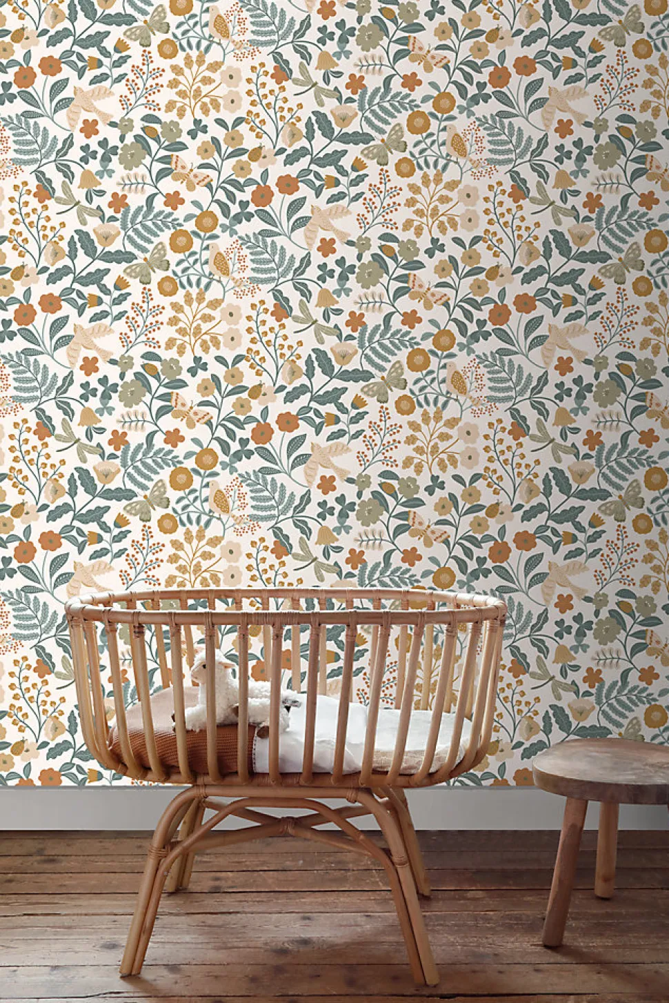 ESTAhome papier peint fleurs et oiseaux bleu grisâtre, vert olive grisé et jaune ocre - 53 cm x 10.05 m - 139865