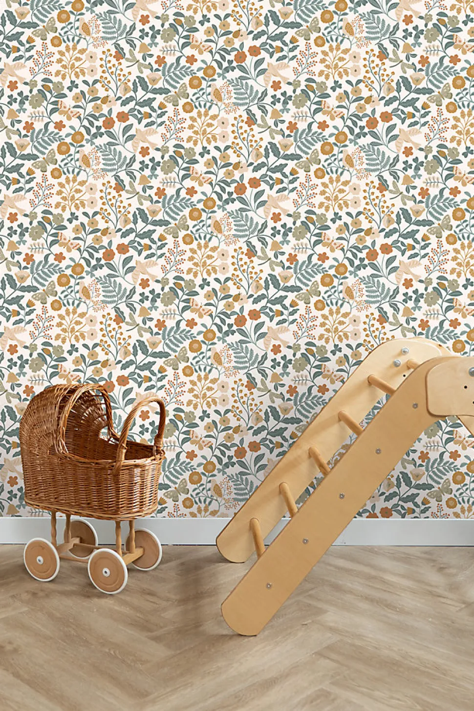 ESTAhome papier peint fleurs et oiseaux bleu grisâtre, vert olive grisé et jaune ocre - 53 cm x 10.05 m - 139865