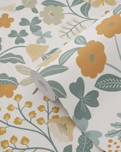 ESTAhome papier peint fleurs et oiseaux bleu grisâtre, vert olive grisé et jaune ocre - 53 cm x 10.05 m - 139865