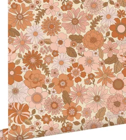 ESTAhome papier peint fleurs rétro rose terracotta et orange - 53 cm x 10.05 m - 130962