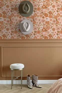 ESTAhome papier peint fleurs rétro rose terracotta et orange - 53 cm x 10.05 m - 130962