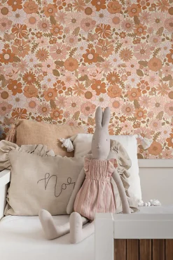 ESTAhome papier peint fleurs rétro rose terracotta et orange - 53 cm x 10.05 m - 130962