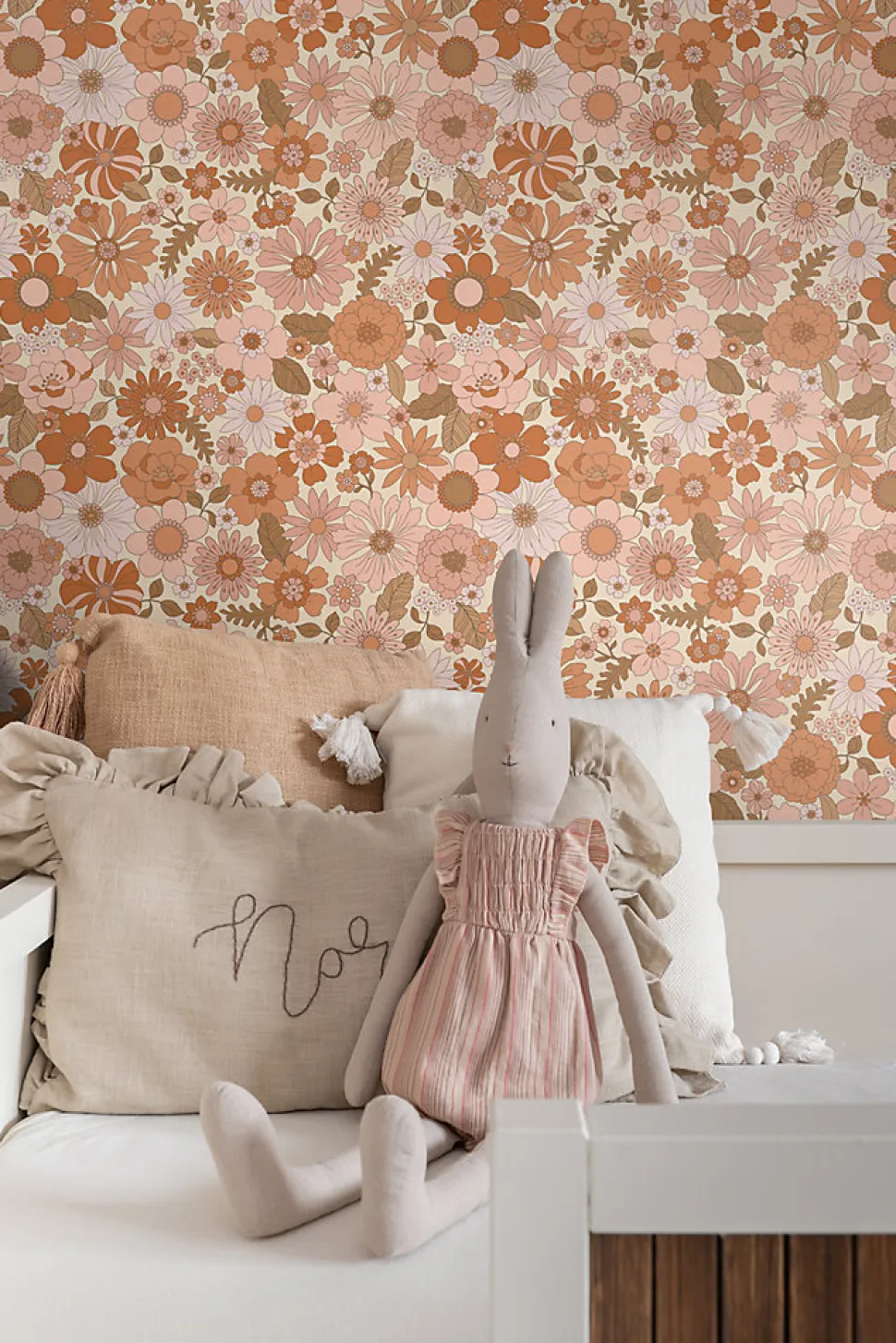 ESTAhome papier peint fleurs rétro rose terracotta et orange - 53 cm x 10.05 m - 130962