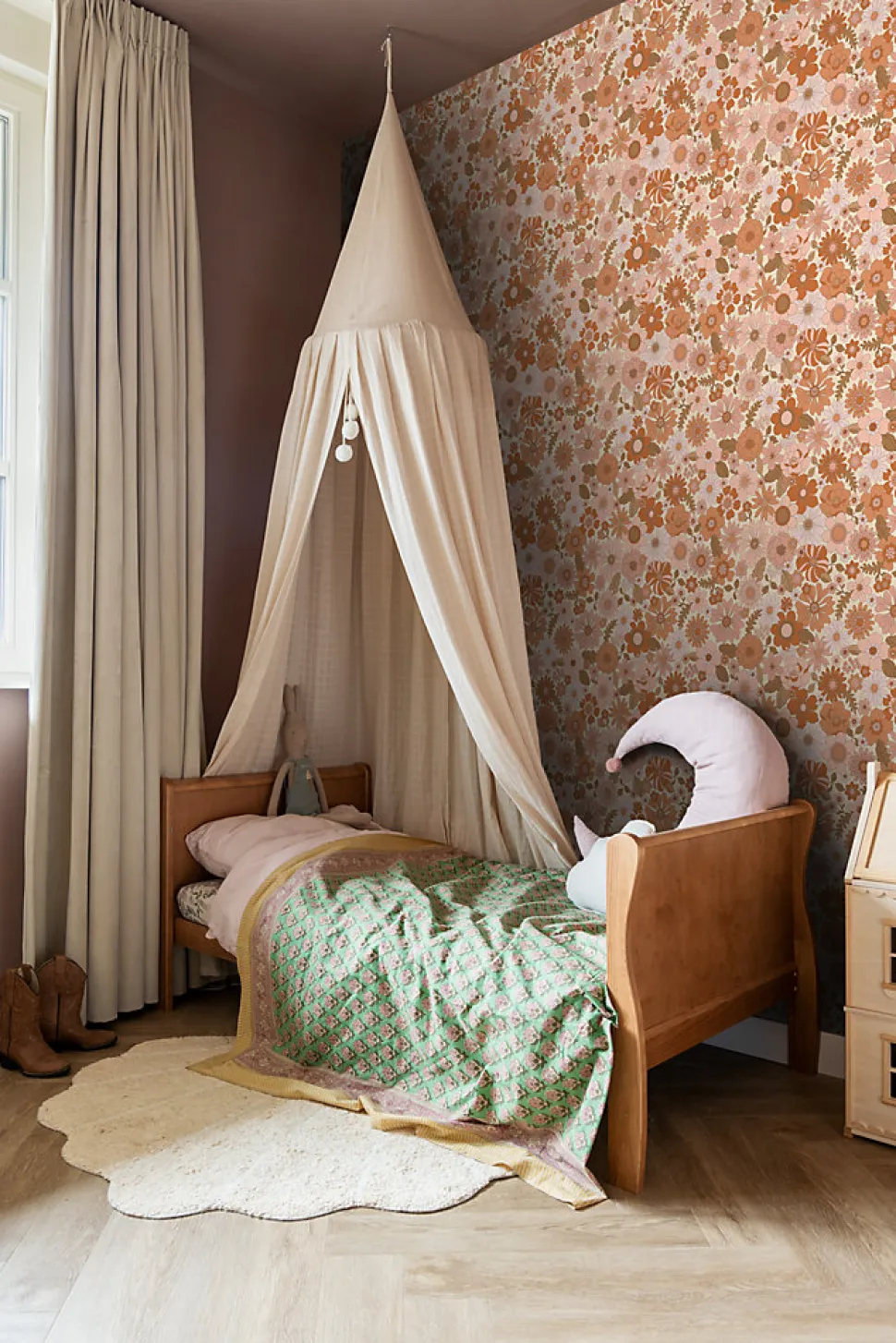 ESTAhome papier peint fleurs rétro rose terracotta et orange - 53 cm x 10.05 m - 130962